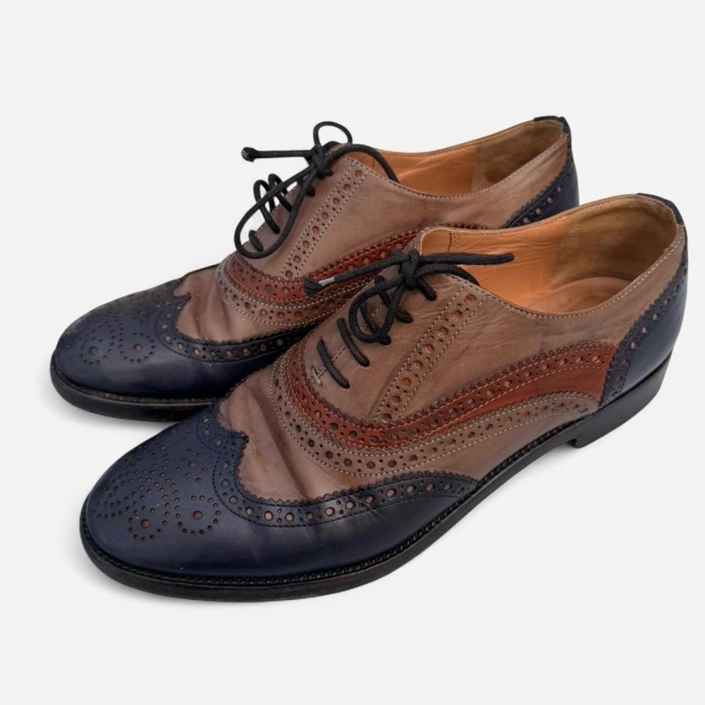 Fratelli Rossetti Tri-Color Leather Wingtip Oxfords Navy Brown Made in Italy 36